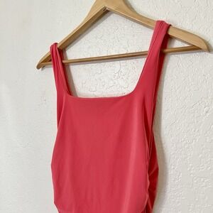 21 Saints Ruched Bodycon Midi Dress Square Neck Spaghetti Strap‎ Coral S